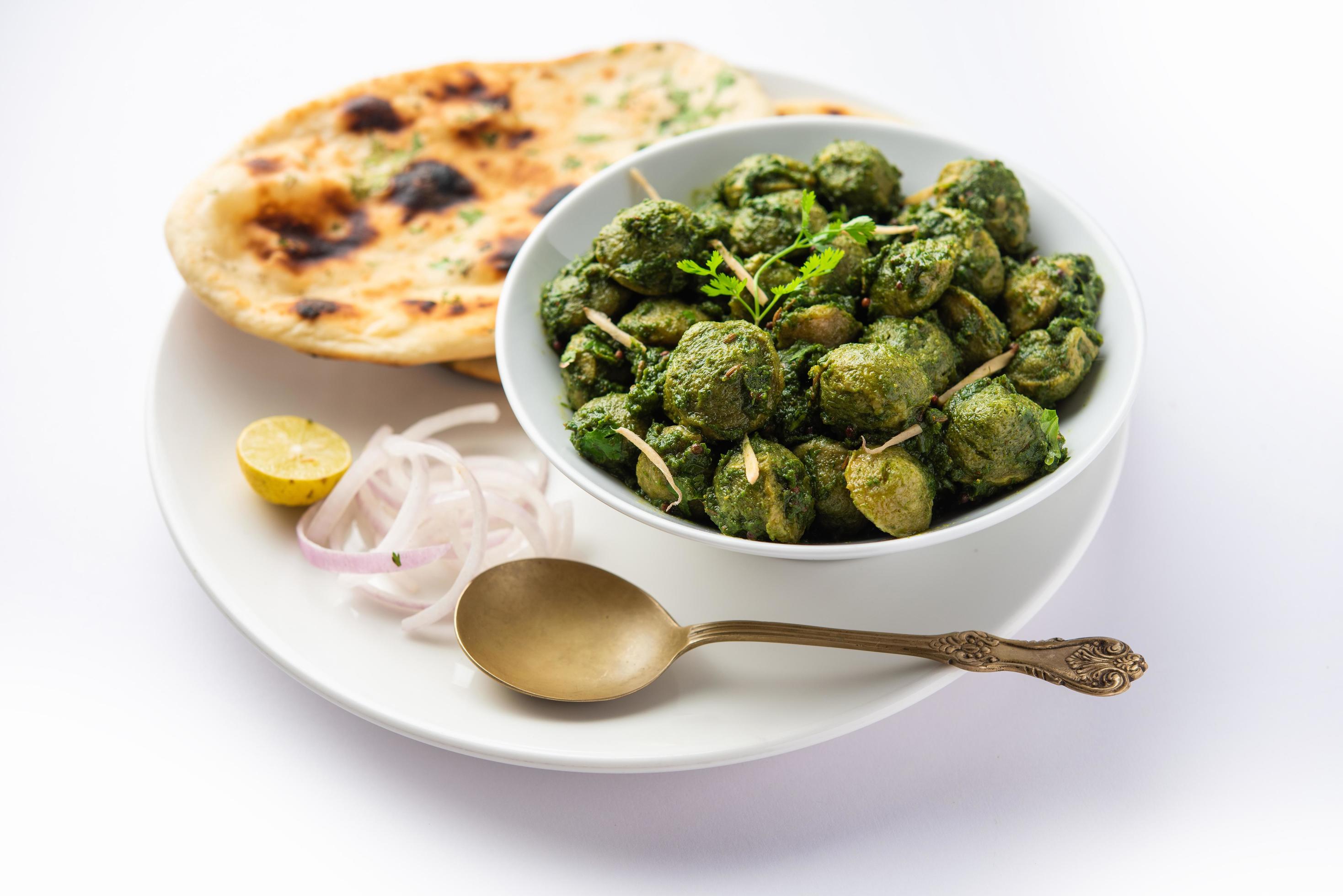 Soya Chunks Palak curry also known as Spinach Soyabean chunks sabzi or sabji, Healthy Indian food Stock Free