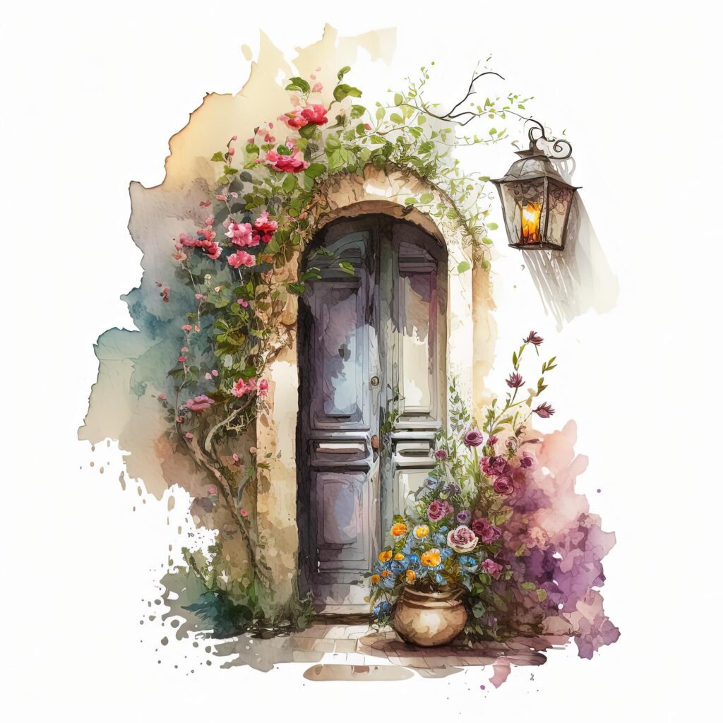 Cozy door with flowers watercolor. Illustration Stock Free