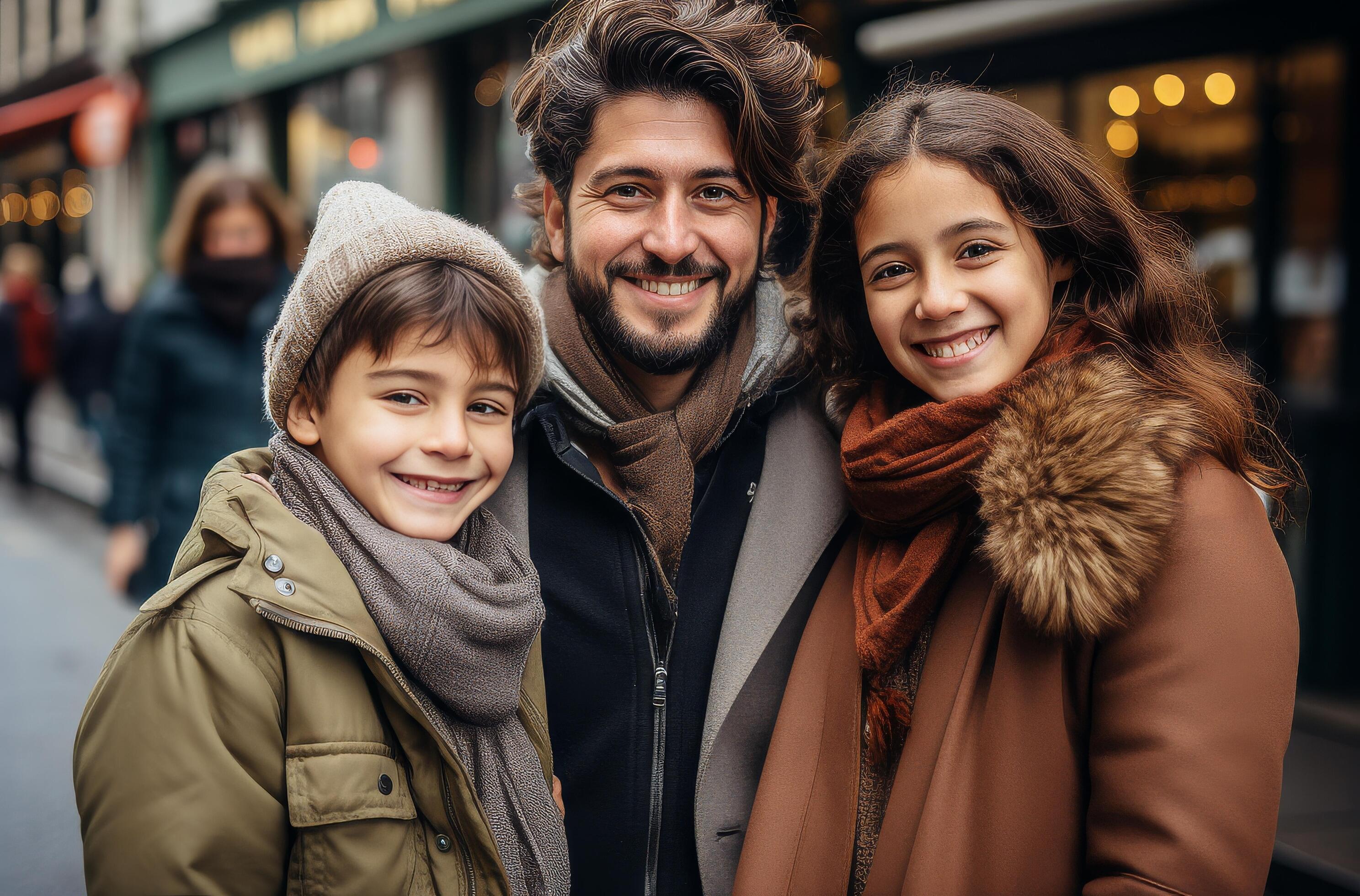 AI generated family smiles together on an urban street, displaying strong facial expressions in brown tones Stock Free