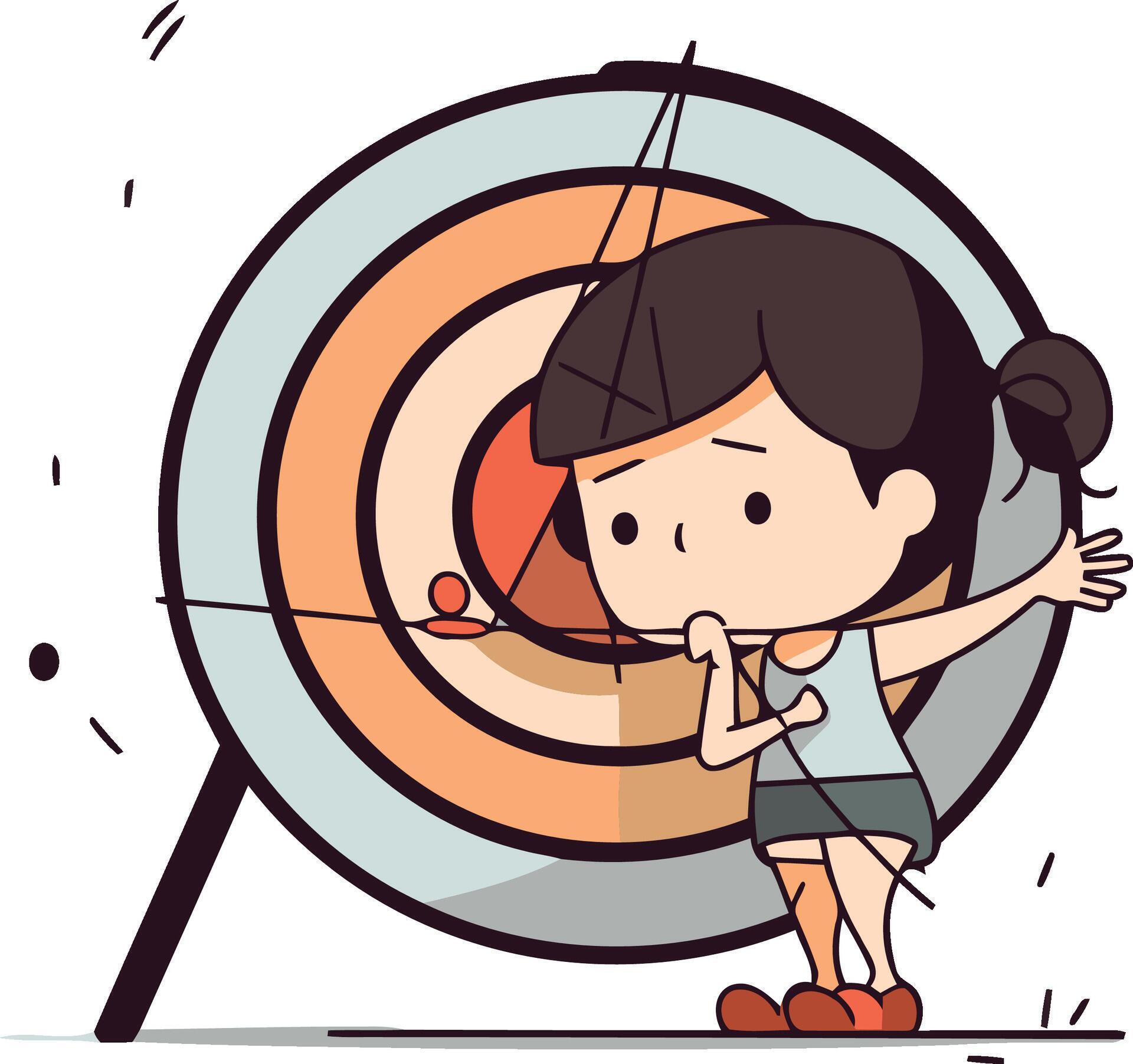 Girl with bow and arrow on target in cartoon style. Stock Free