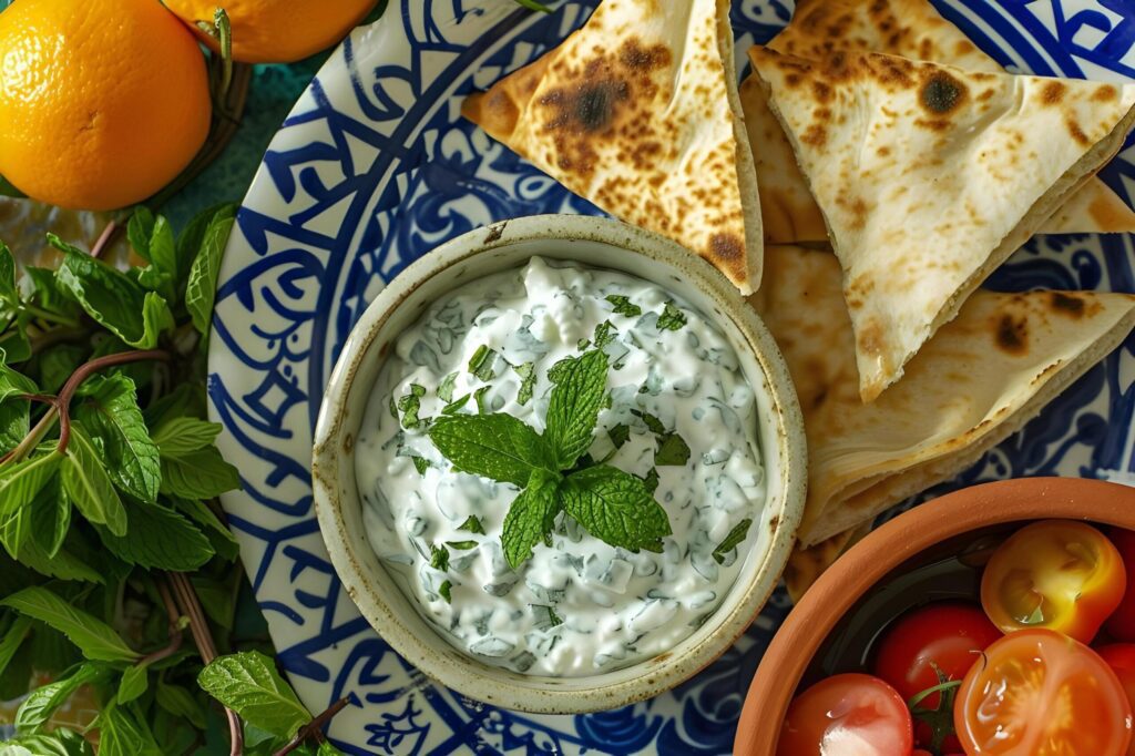 Meze Magic Mint Yogurt Dip on Folk-Chic Pita Platter Free Photo