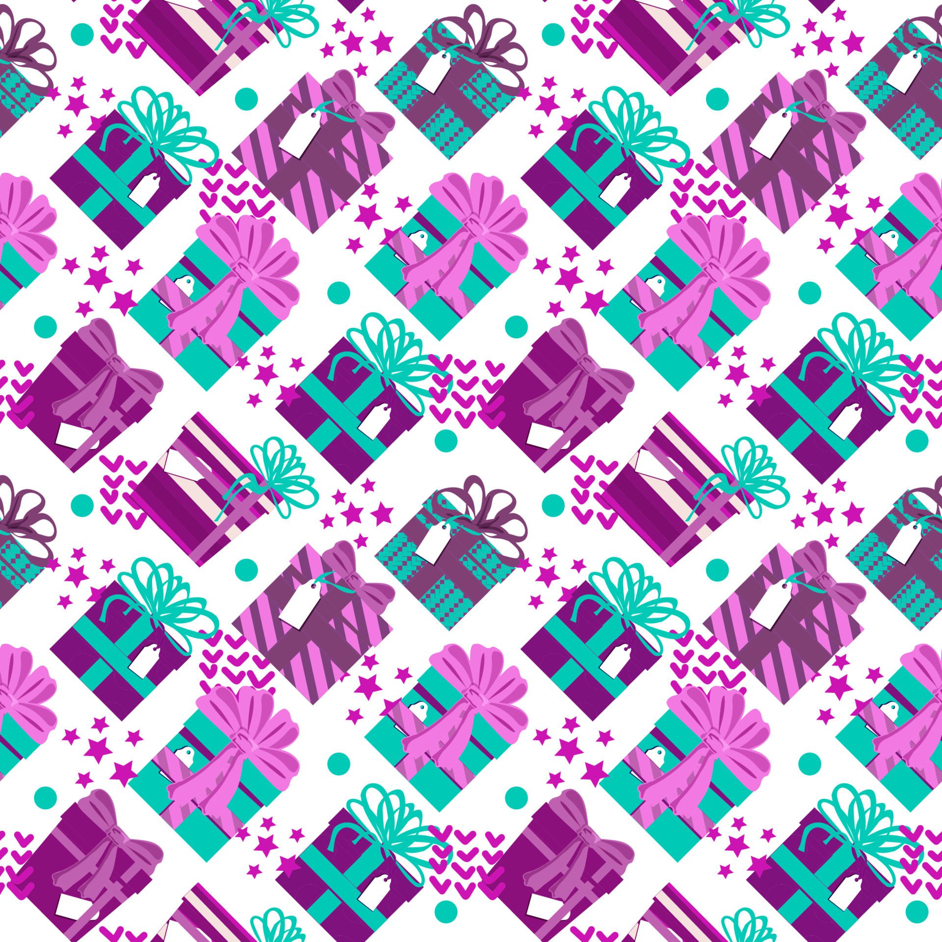 Seamless holiday gift box pattern with different prints and bows. Christmas, birthday, holiday. In fashionable bright colors Free Vector