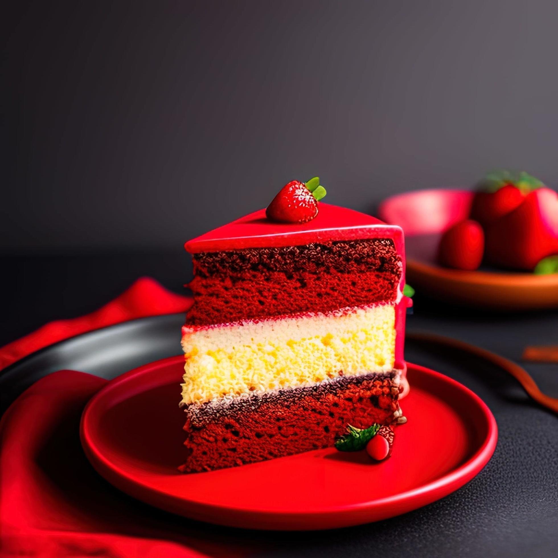 professional food photography of a piece of cake sitting on top of a red plate Stock Free