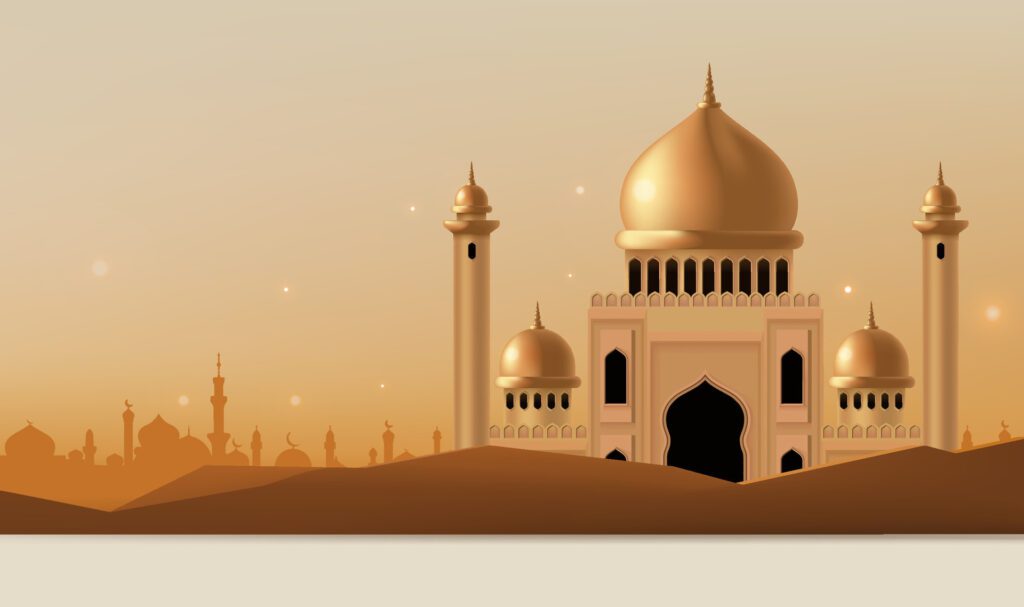 Illustration of the Golden Mosque background, suitable for Islamic festivals Free Vector