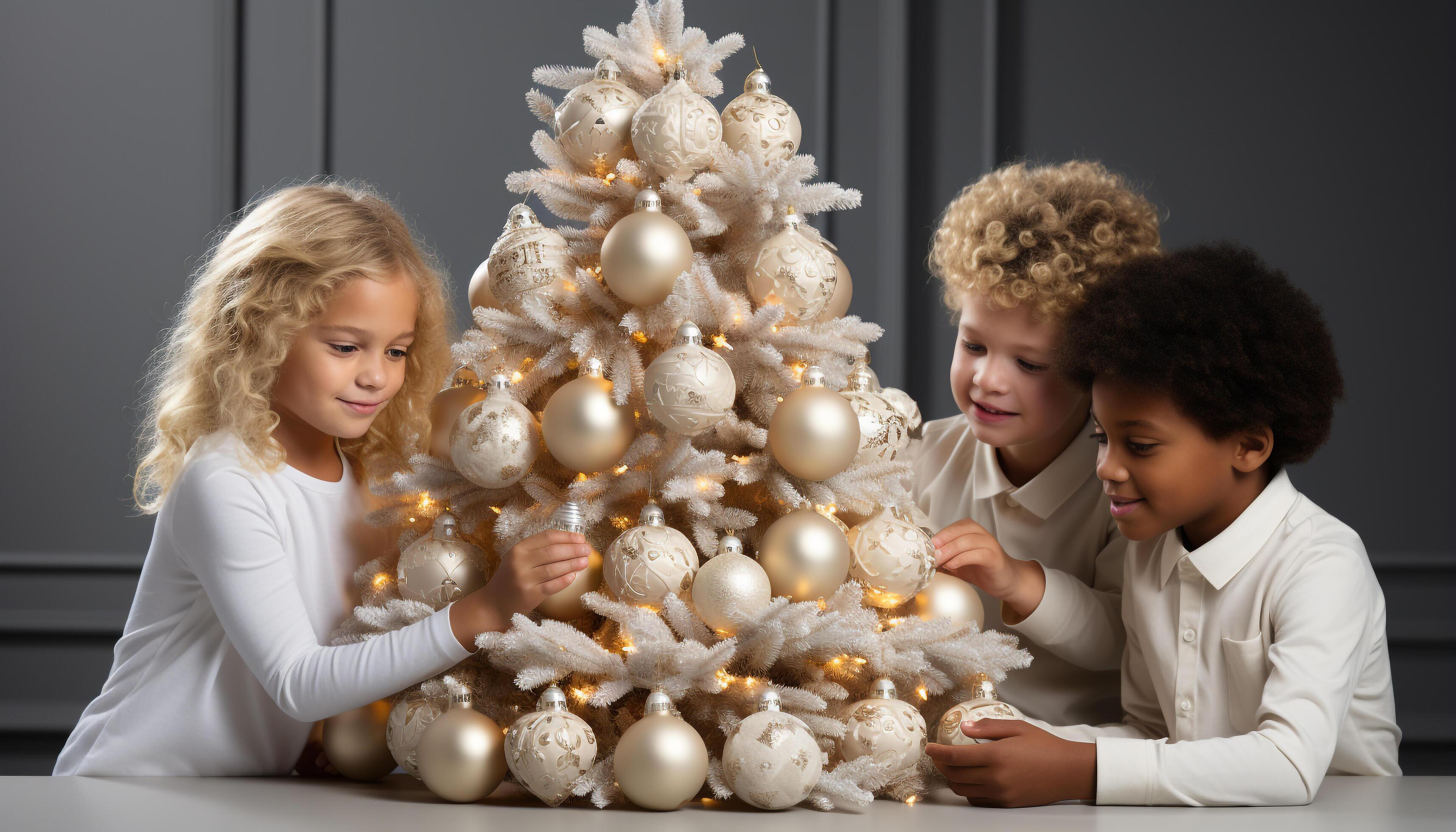 AI generated Cute girls smiling, decorating Christmas tree, enjoying family togetherness generated by AI Stock Free