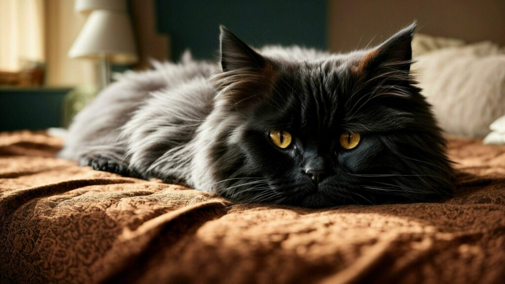 image that conveys the serenity of a Black Persian Cat taking a nap on a bed with a solid color background Free Photo