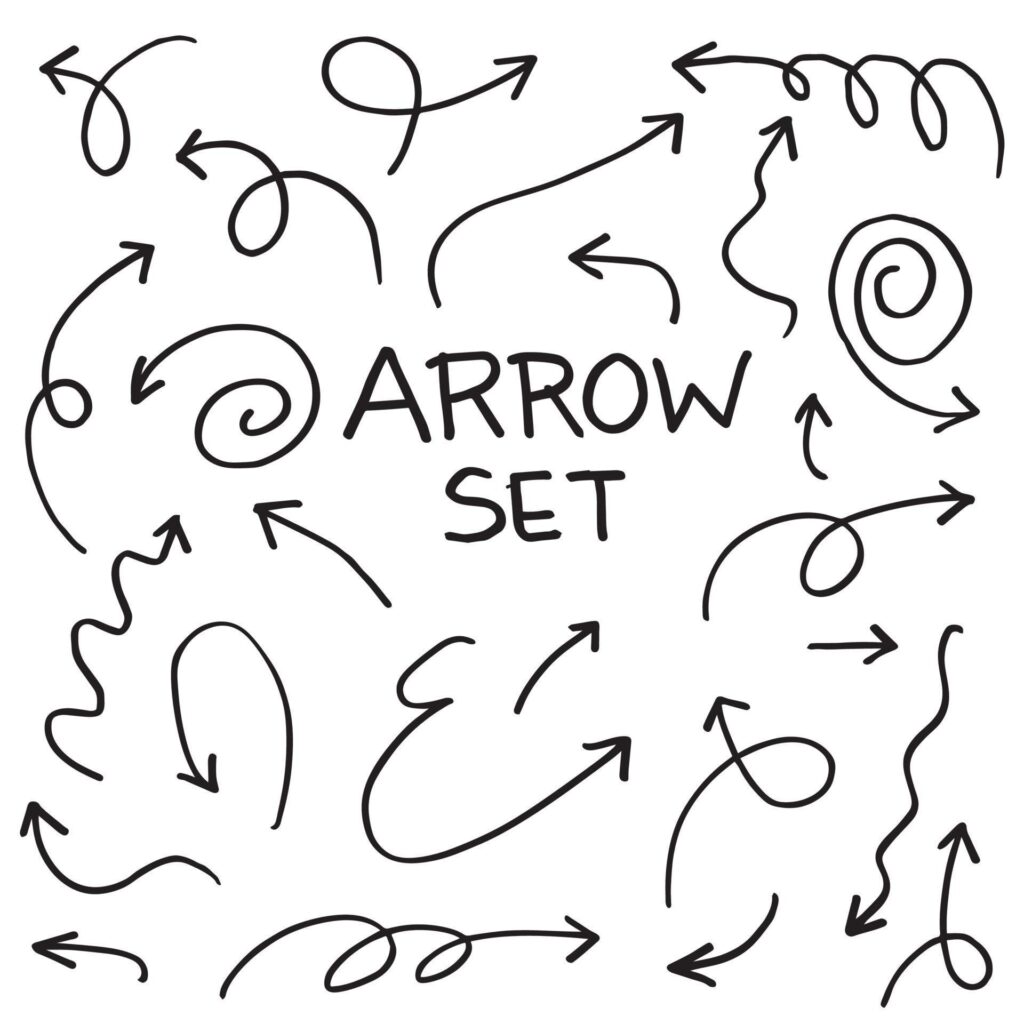 hand drawn Arrows icons Set. arrow icon with various directions. Doodle vector illustration. isolated on a white background. Stock Free