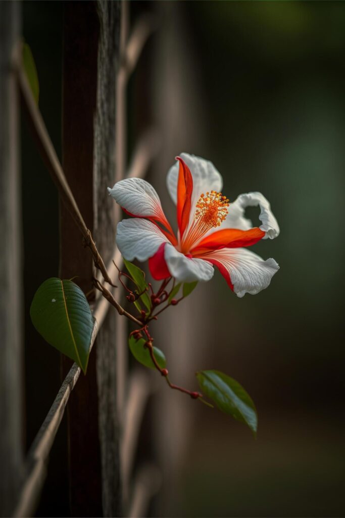 white and orange flower sitting on top of a wooden fence. . Stock Free