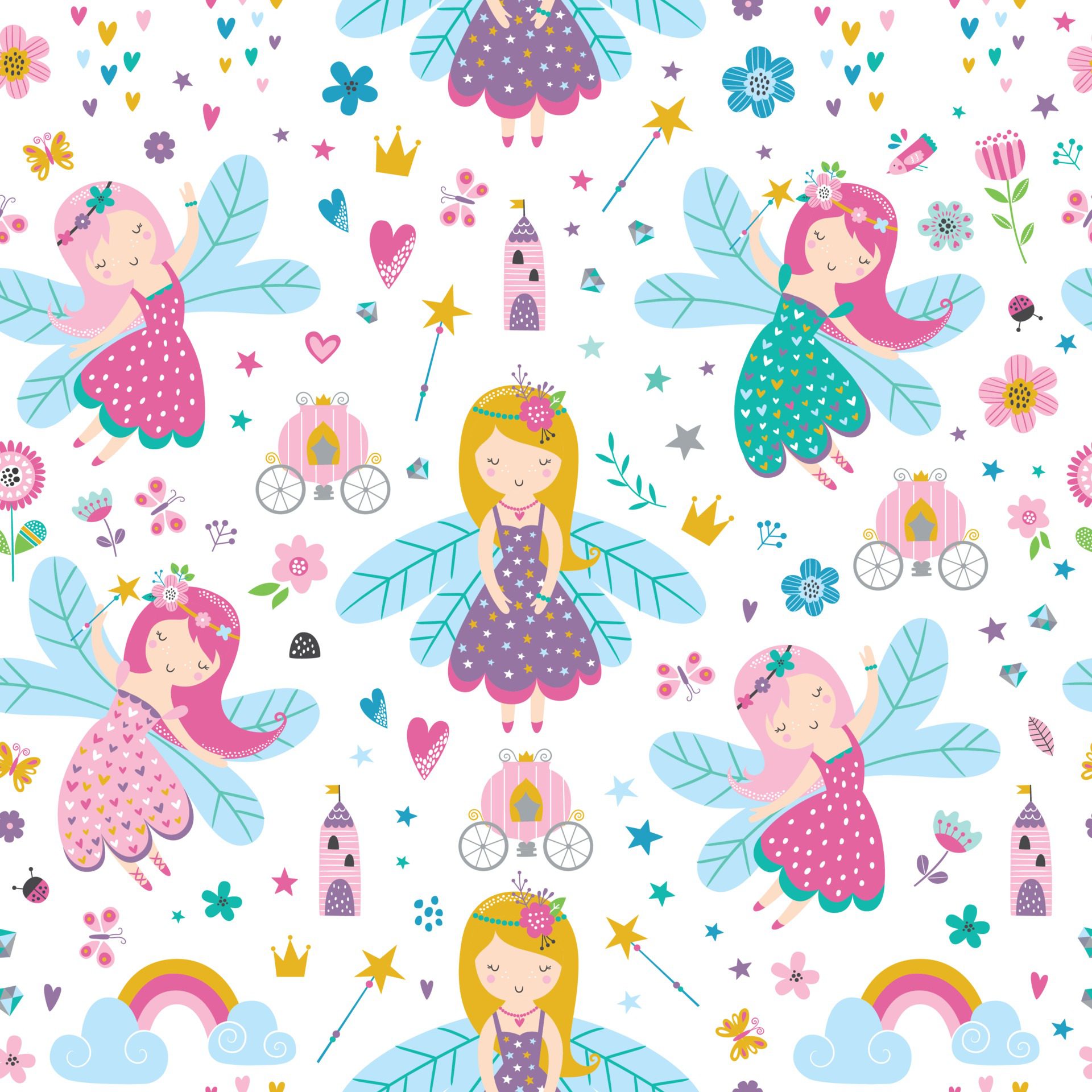 Vector seamless childish pattern with fairy, flowers, rainbow Free Vector