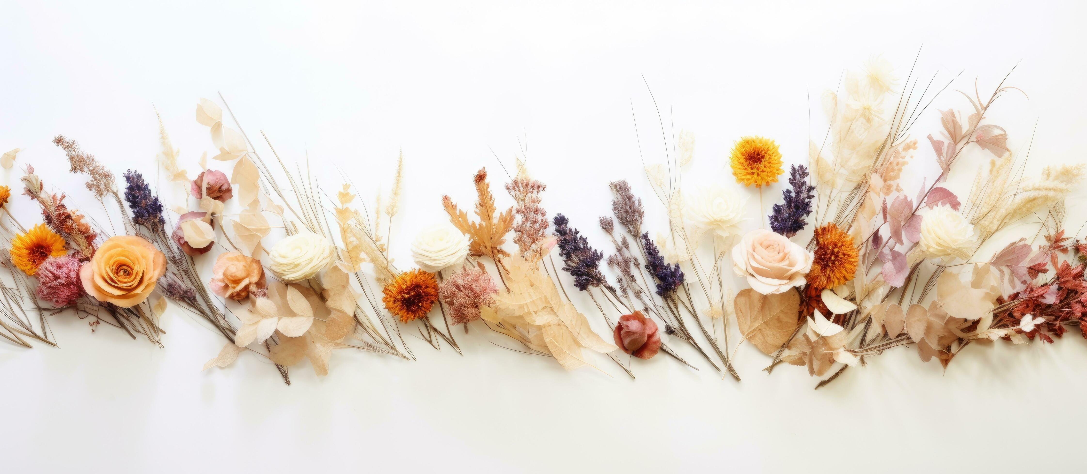 Arrangement of dried flowers against a white wall Stock Free