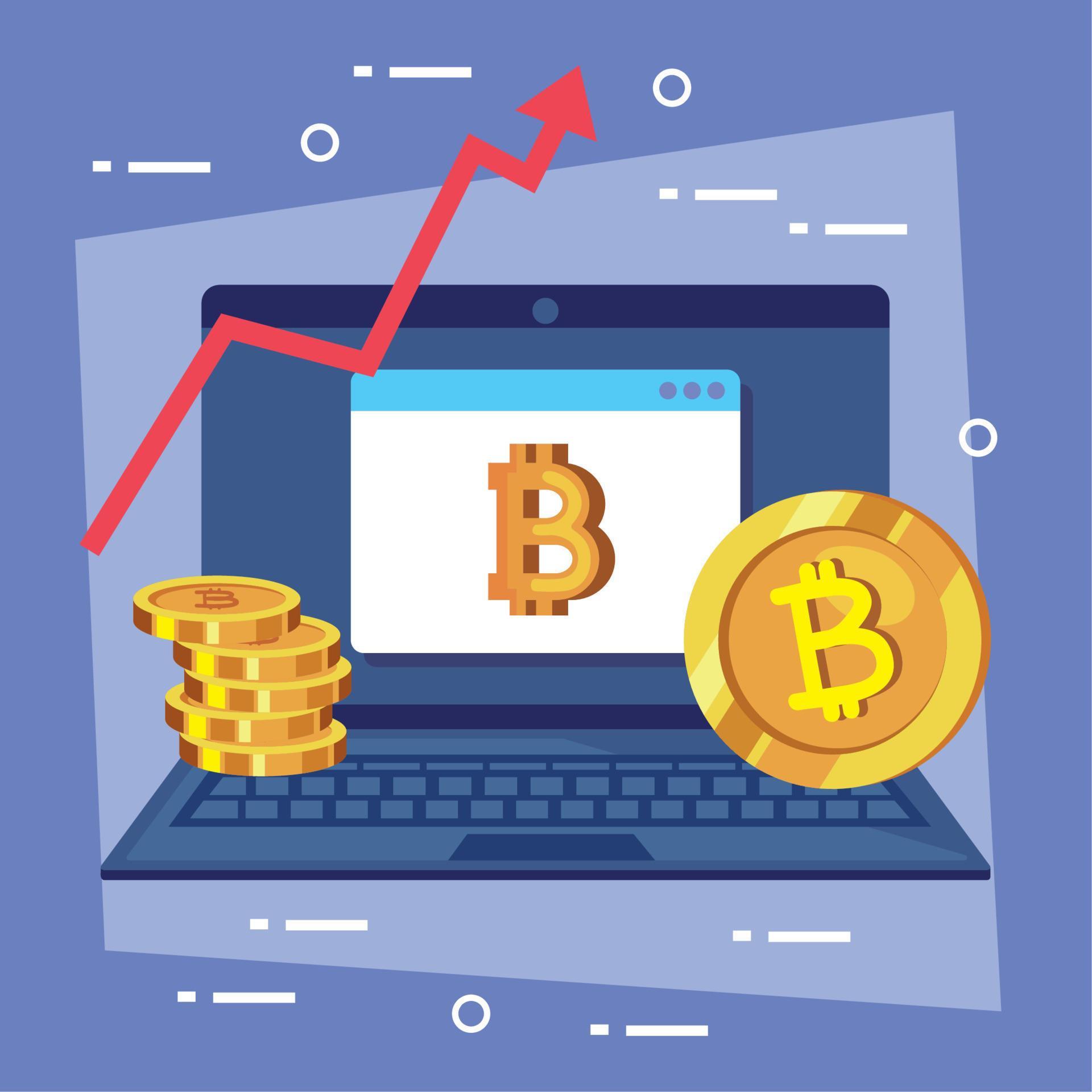 bitcoins in laptop with arrow Stock Free