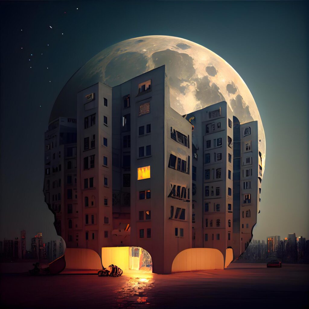 The moon rises over the city at night. Illustration. Elements of this image furnished by NASA, Image Stock Free