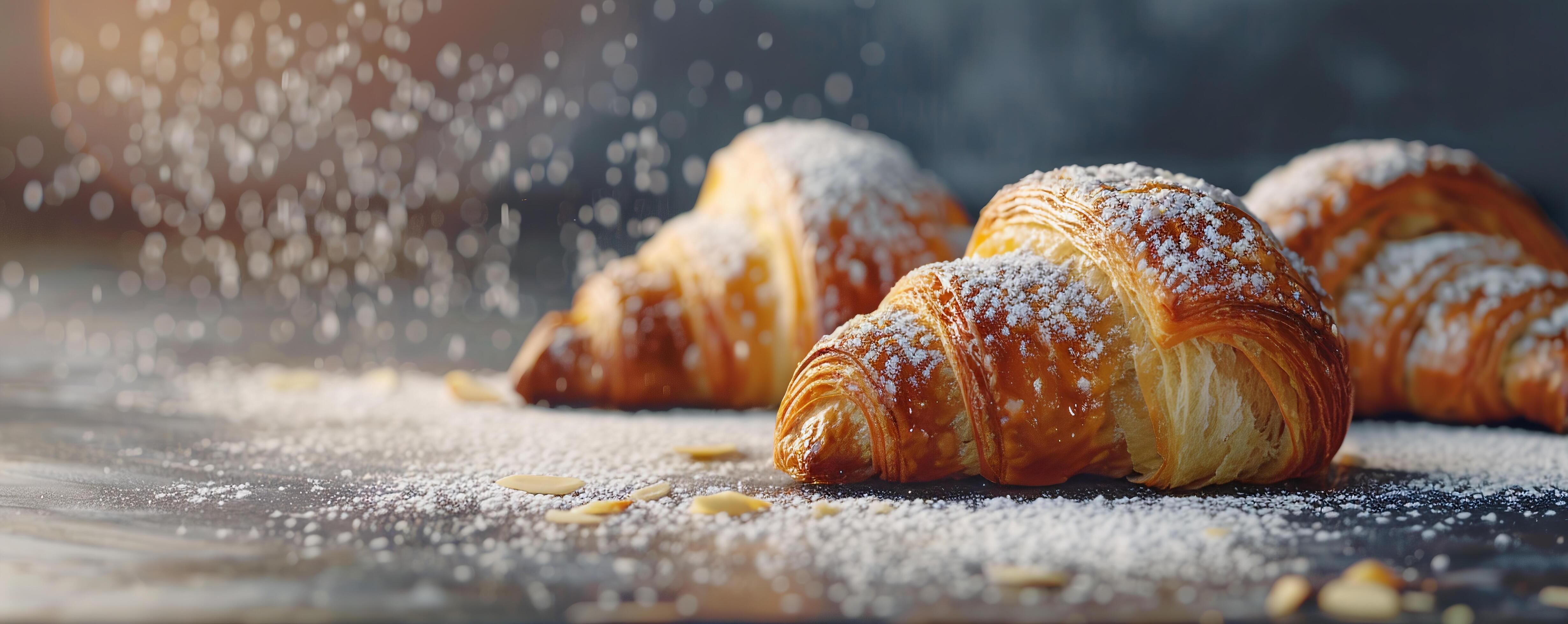 Buttery croissants filled with almond paste and dusted with powdered sugar. Stock Free