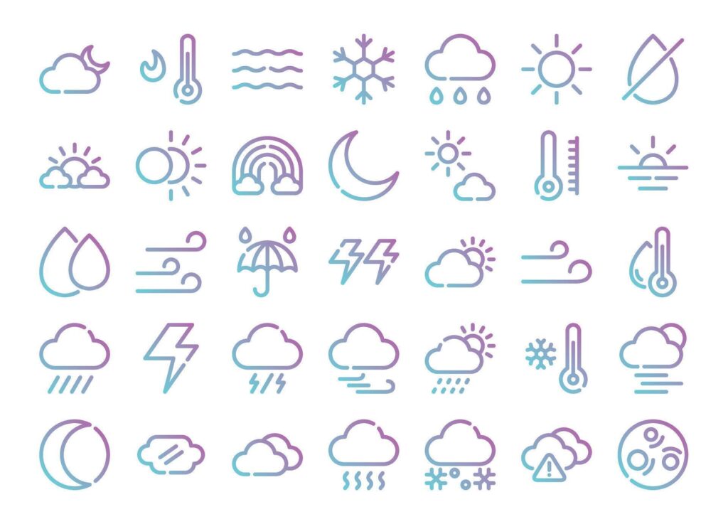 Weather gradient outline icons set. The collection includes in business, UI UX, social media and website. Stock Free