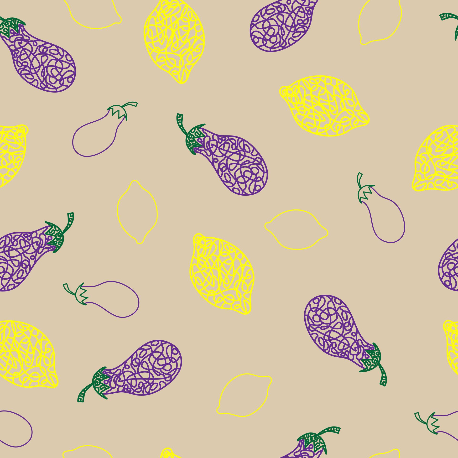 Seamless pattern with hand drawn lemon, eggplant on beige background in childrens naive style. Free Vector