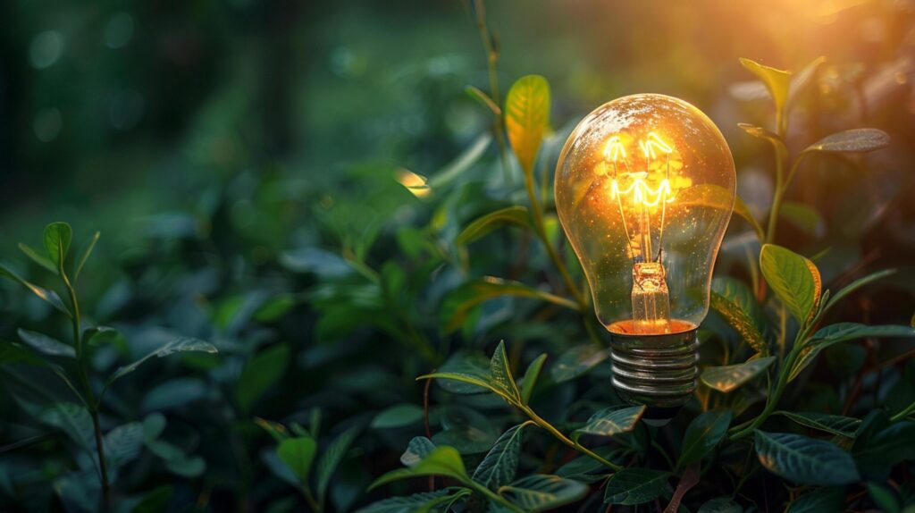 Green technology innovation, light bulbs with green leaves background generated by AI. Free Photo