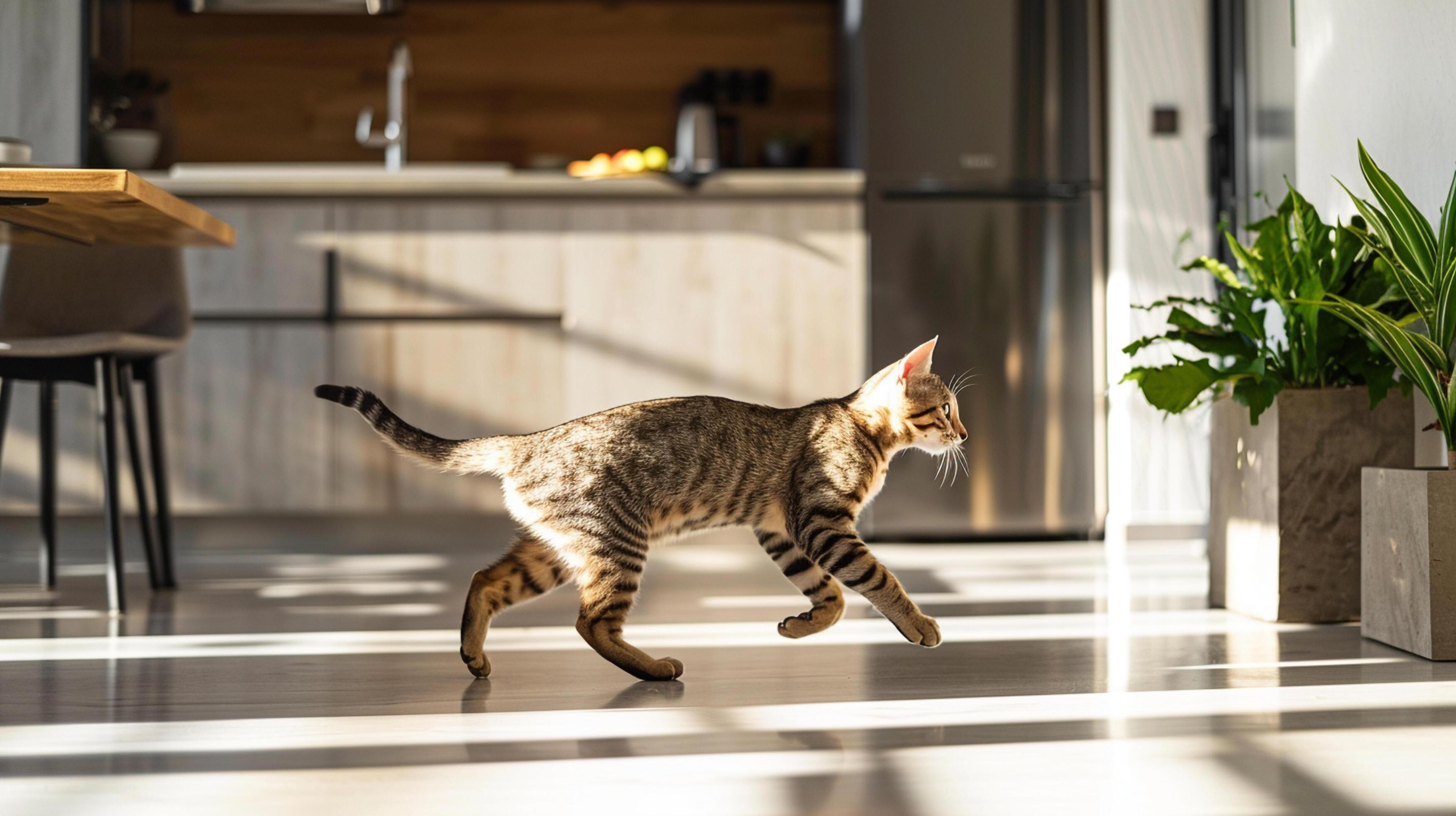 Lifestyle portrait photography of a ocicat running against a modern kitchen Stock Free