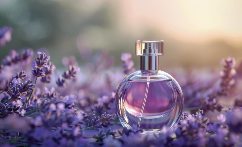 A Bottle of Lavender Perfume on a White Surface With a Bokeh Background Stock Free