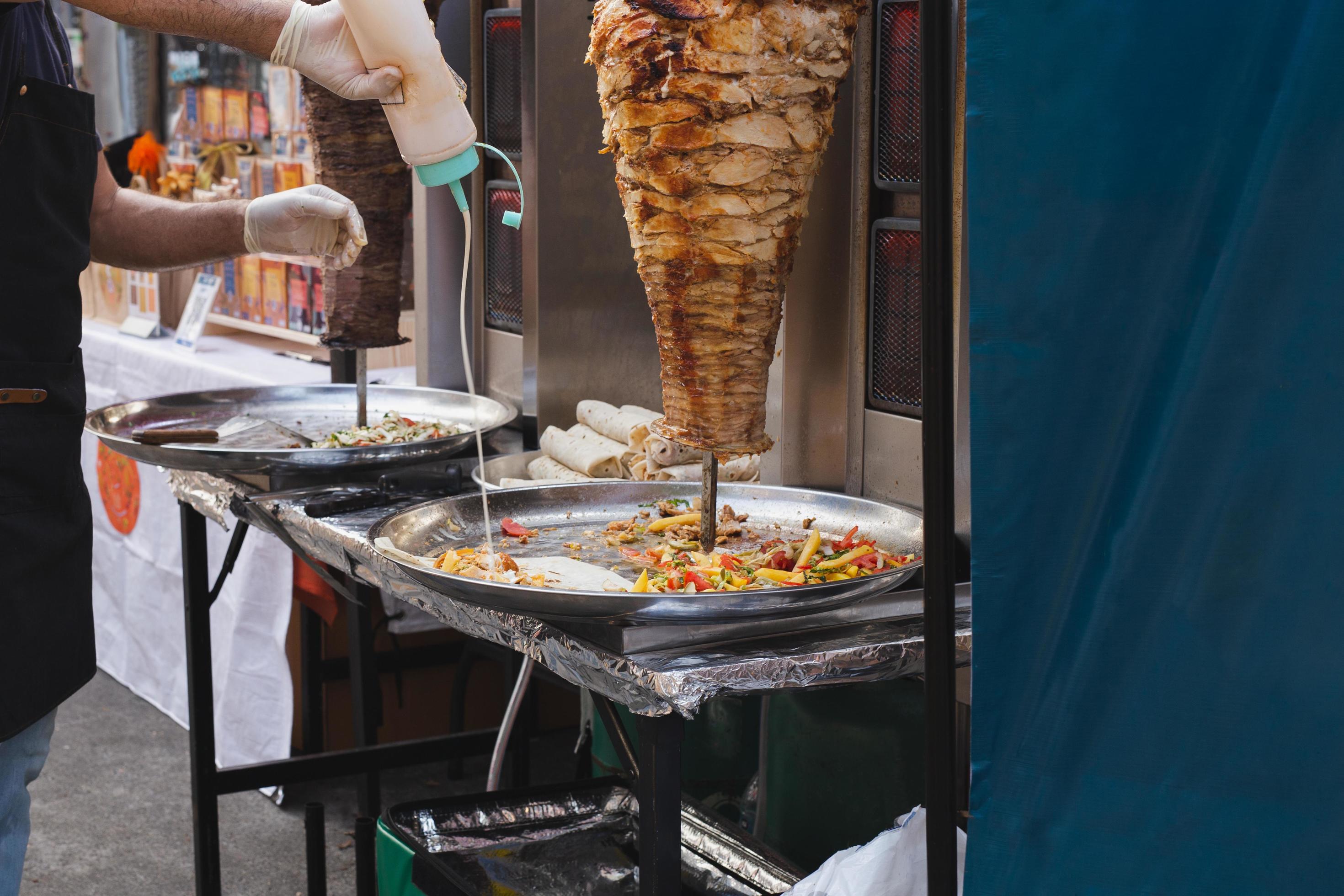 Traditional turkish food Doner kebab in a street vender. Stock Free