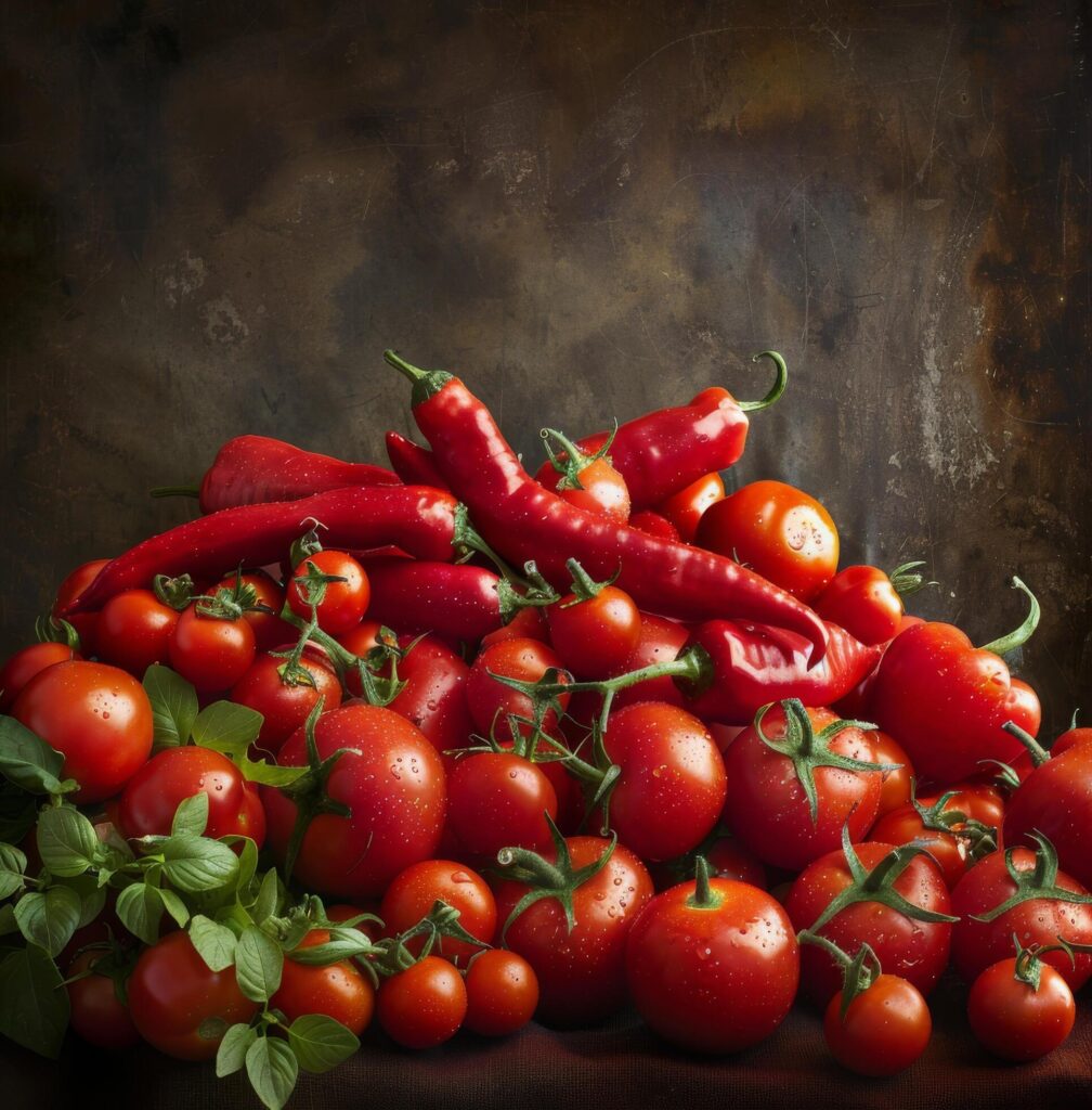 Fresh Red Tomatoes and Peppers on a Dark Background Stock Free