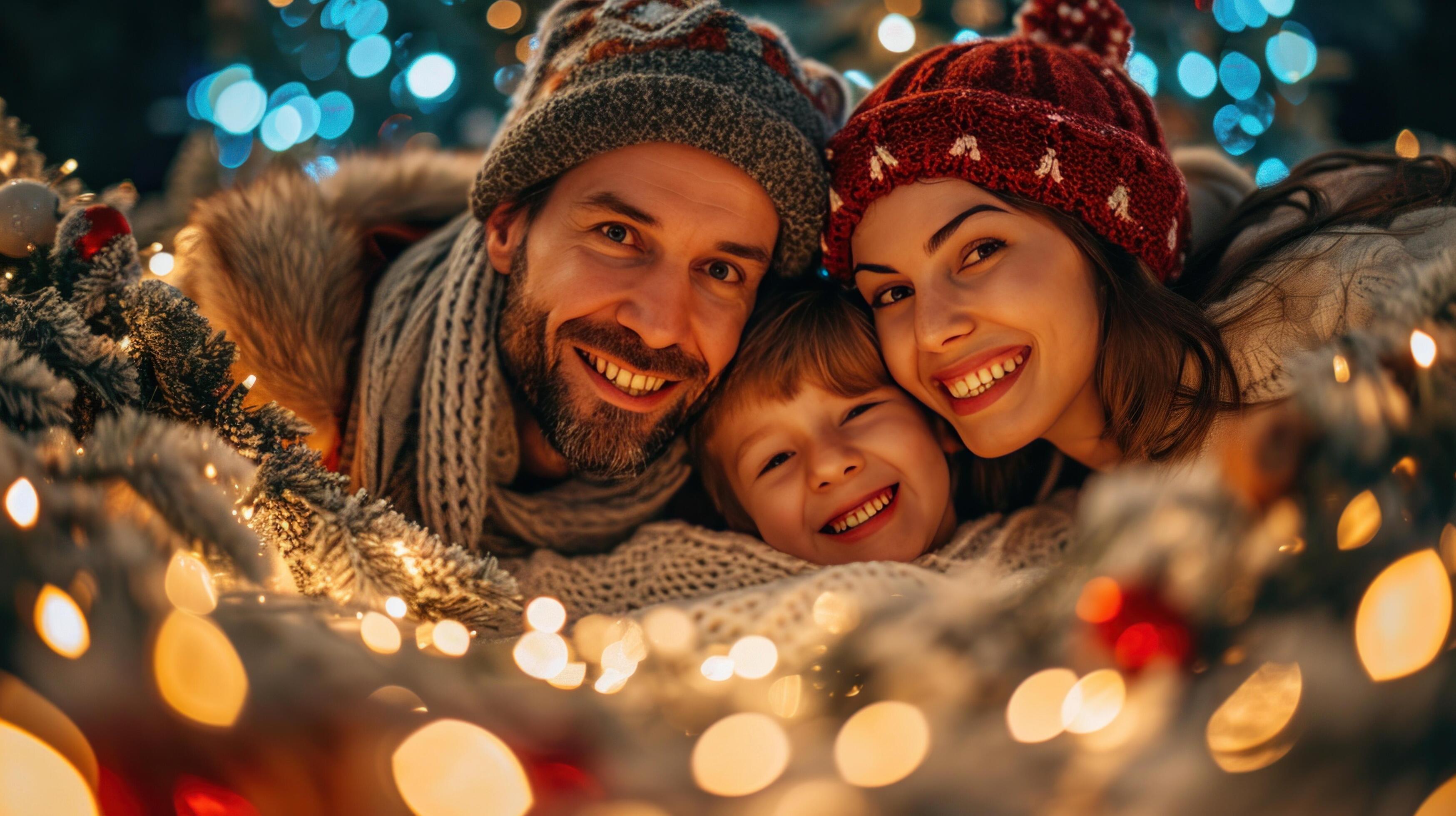 AI generated Vibrant family celebration, gleeful faces wrapped in holiday lights and decorations Stock Free