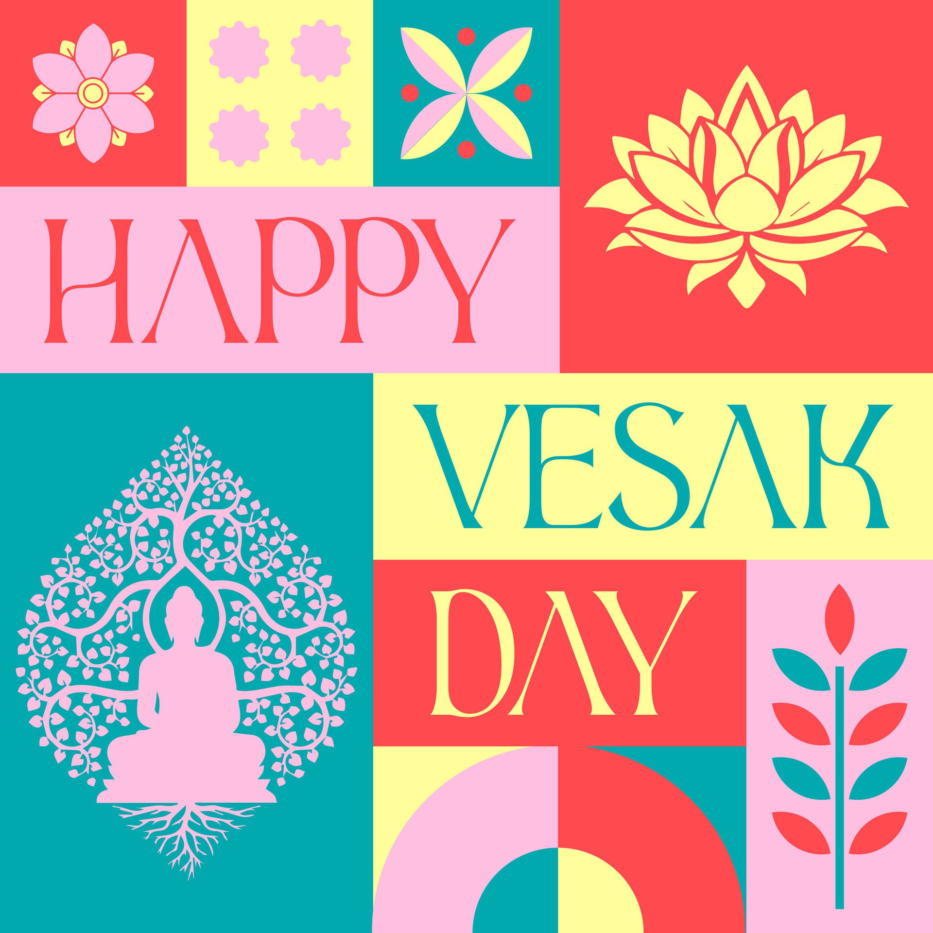 Happy Vesak Day Flower seamless pattern in scandinavian style postcard with Retro clean concept design Free Vector