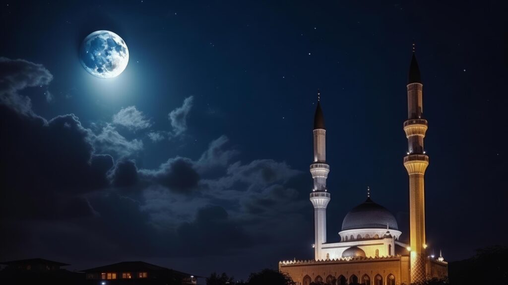 Mosque in front of night cloudy and starry sky Illustration Stock Free