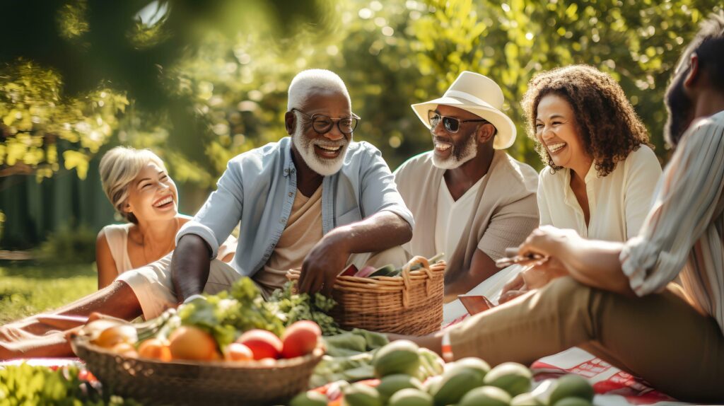 
									Happy senior diverse people sitting on blanket and having picnic in garden Stock Free