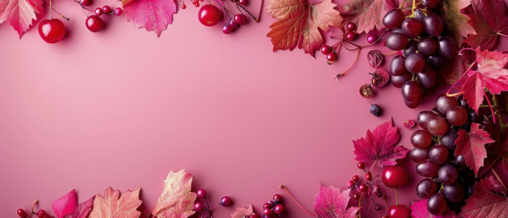 Grapes and Red Leaves on a Pink Background Stock Free