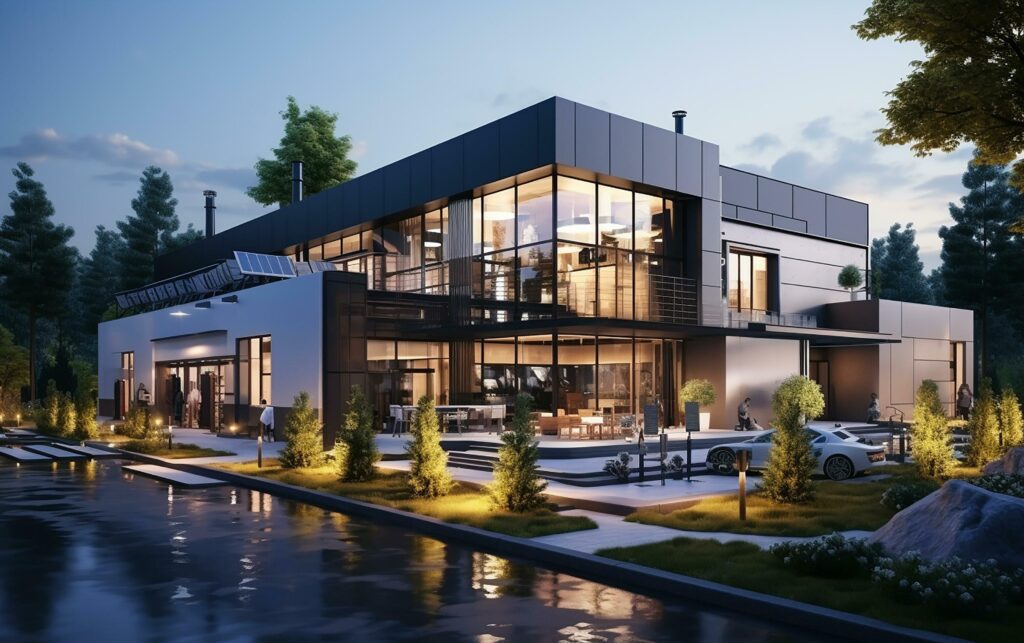 unique industrial architecture house in daylight, photo-realistic AI generative Stock Free