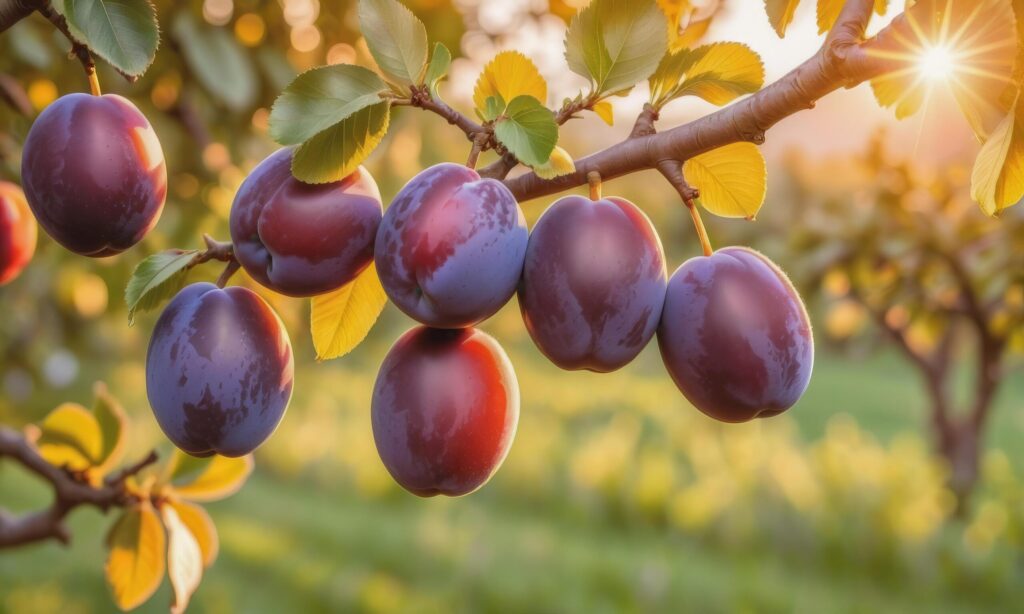 Ripe plums on a tree branch in the garden at sunset Free Photo