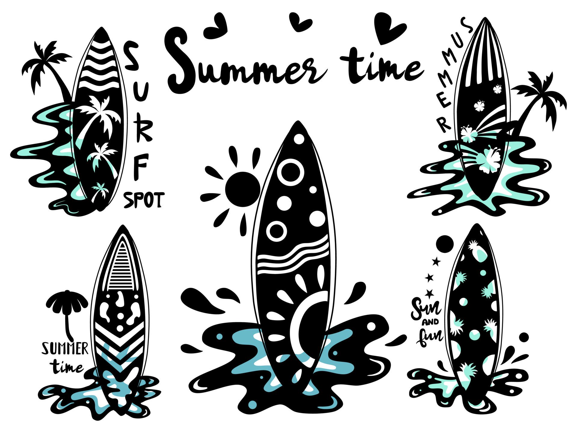 surfboard pattern Designed in black tones Doodle and vintage style Free Vector and Free SVG