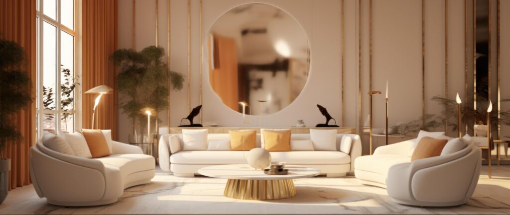 3D design of living room in beige colors. Illustration Stock Free