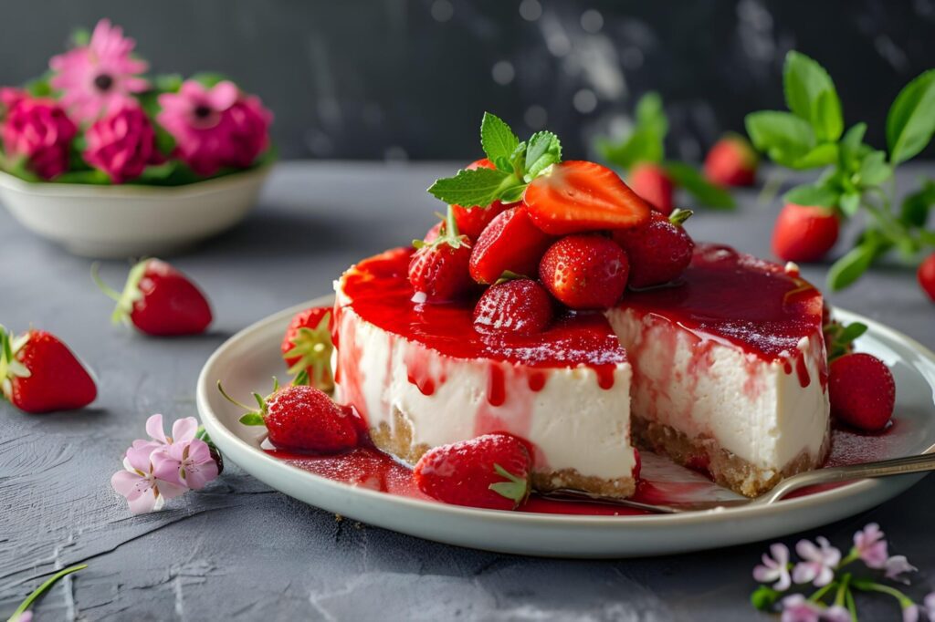 Springtime Delicacy Strawberry Cheesecake with a Sumptuous Strawberry Sauce Finish Free Photo