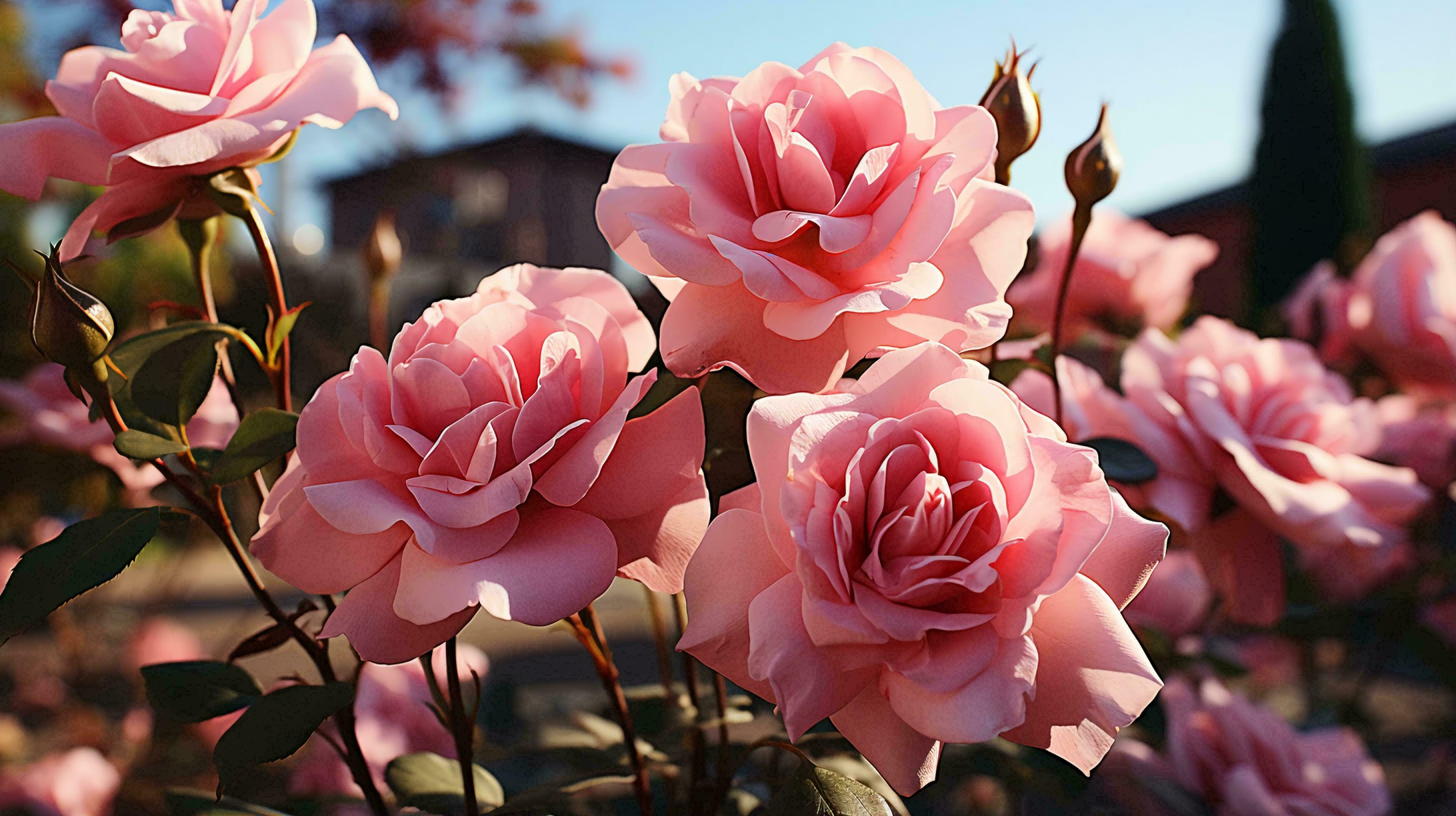 Beautiful delicate pink flowers spray roses background. AI generated Stock Free