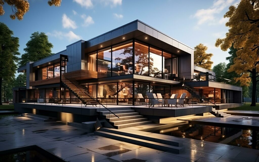 unique industrial architecture house in daylight, photo-realistic AI generative Stock Free