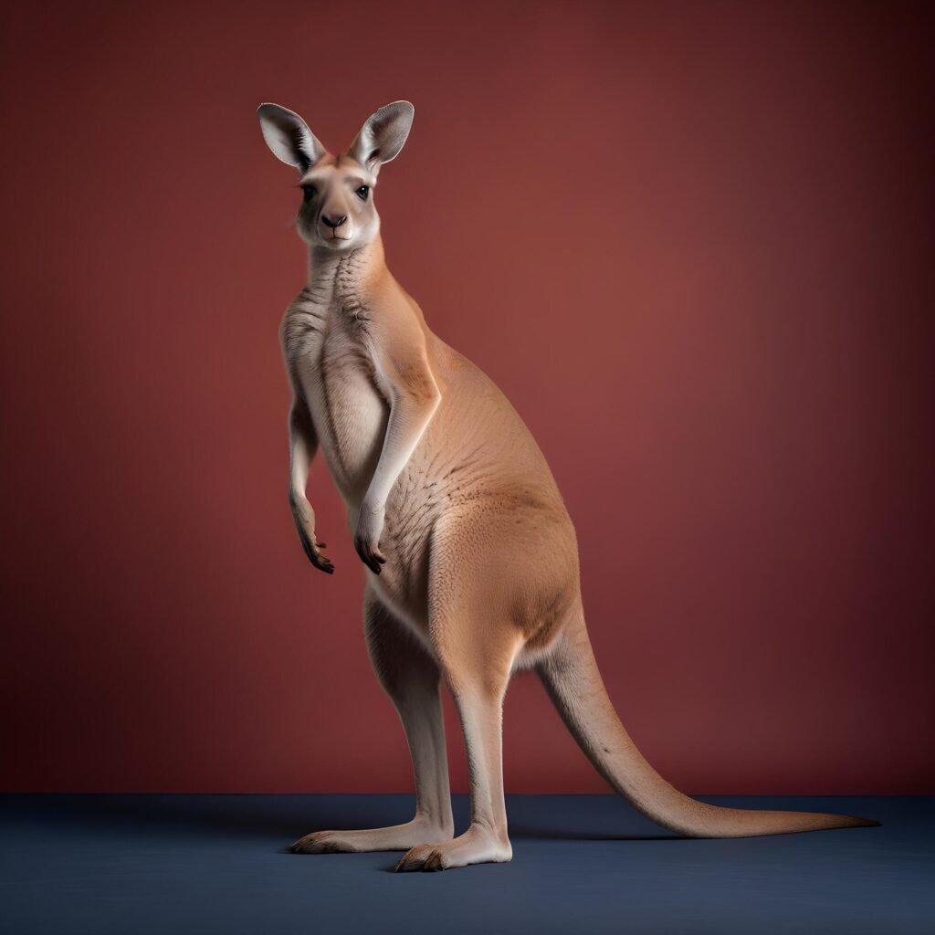 a kangaroo standing on its hind legs in front of a gray background Stock Free