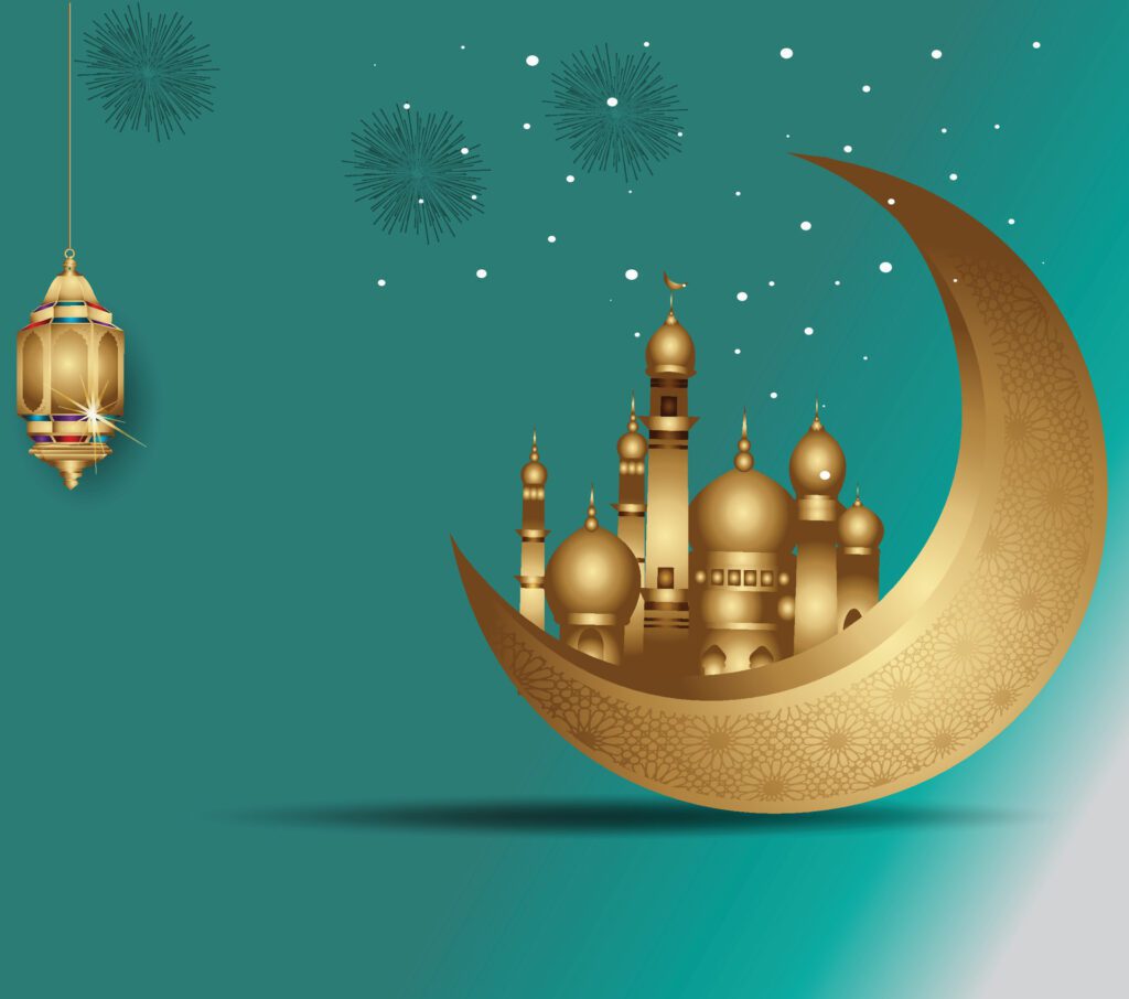 Eid ul adha moon and mosque background Free Vector