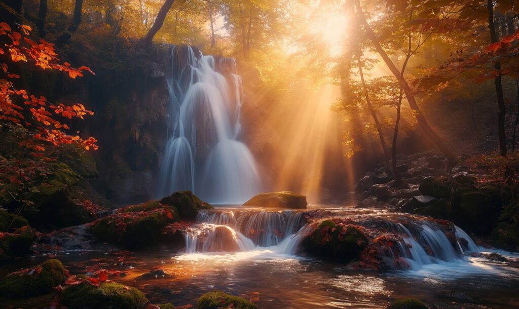 Beautiful Autumn Nature with Waterfalls Stock Free