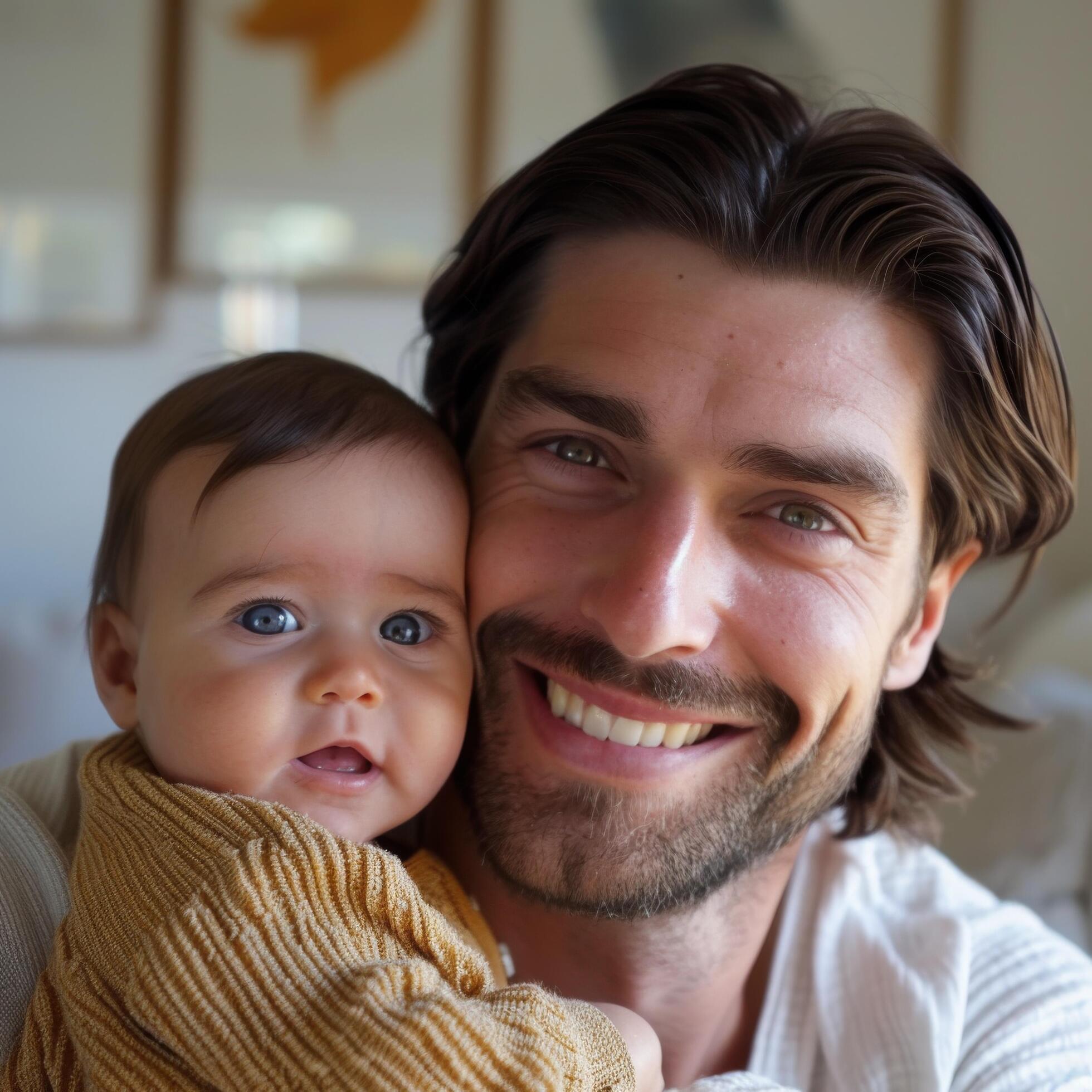 Portrait of a smiling man holding a baby suitable for family-themed advertising Stock Free