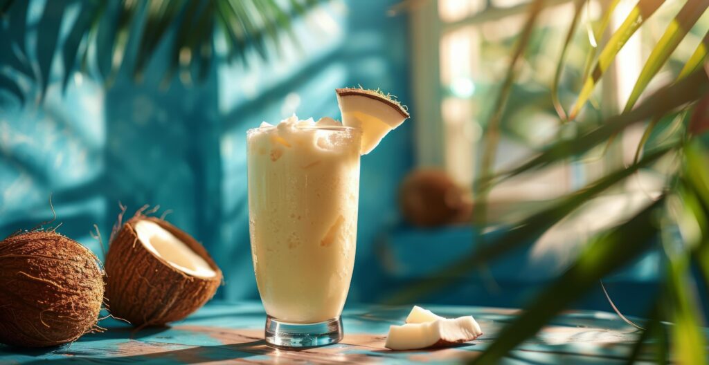 Creamy Coconut Drink With Tropical Palm Leaves on a Blue Background Stock Free