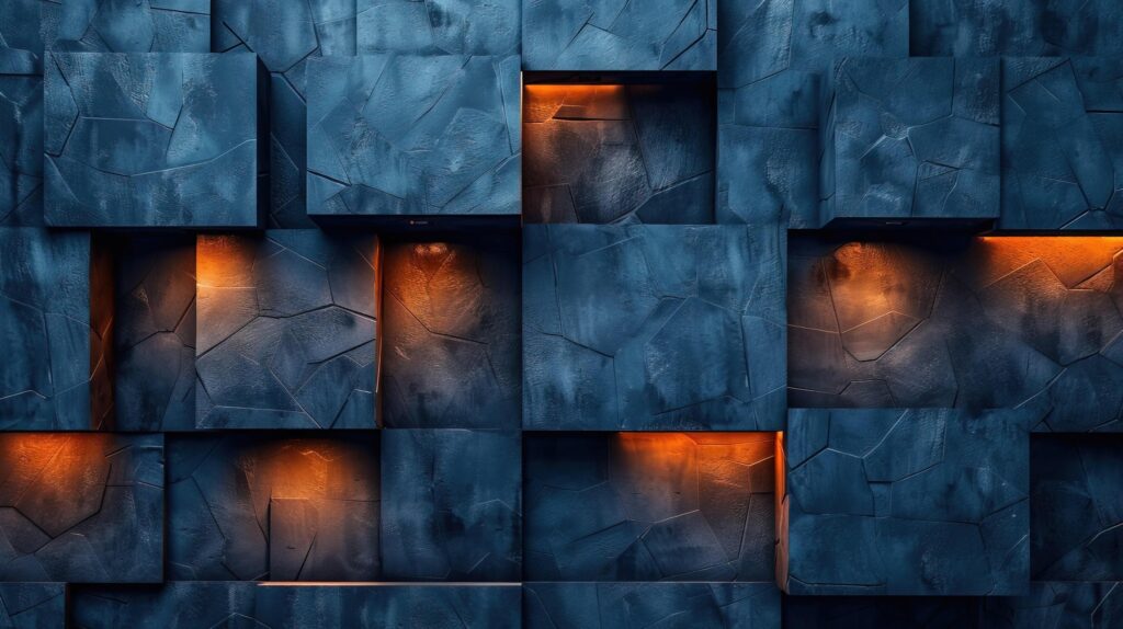 Illuminated Blue Stone Wall Texture with Warm Glowing Lights background , Stock Free