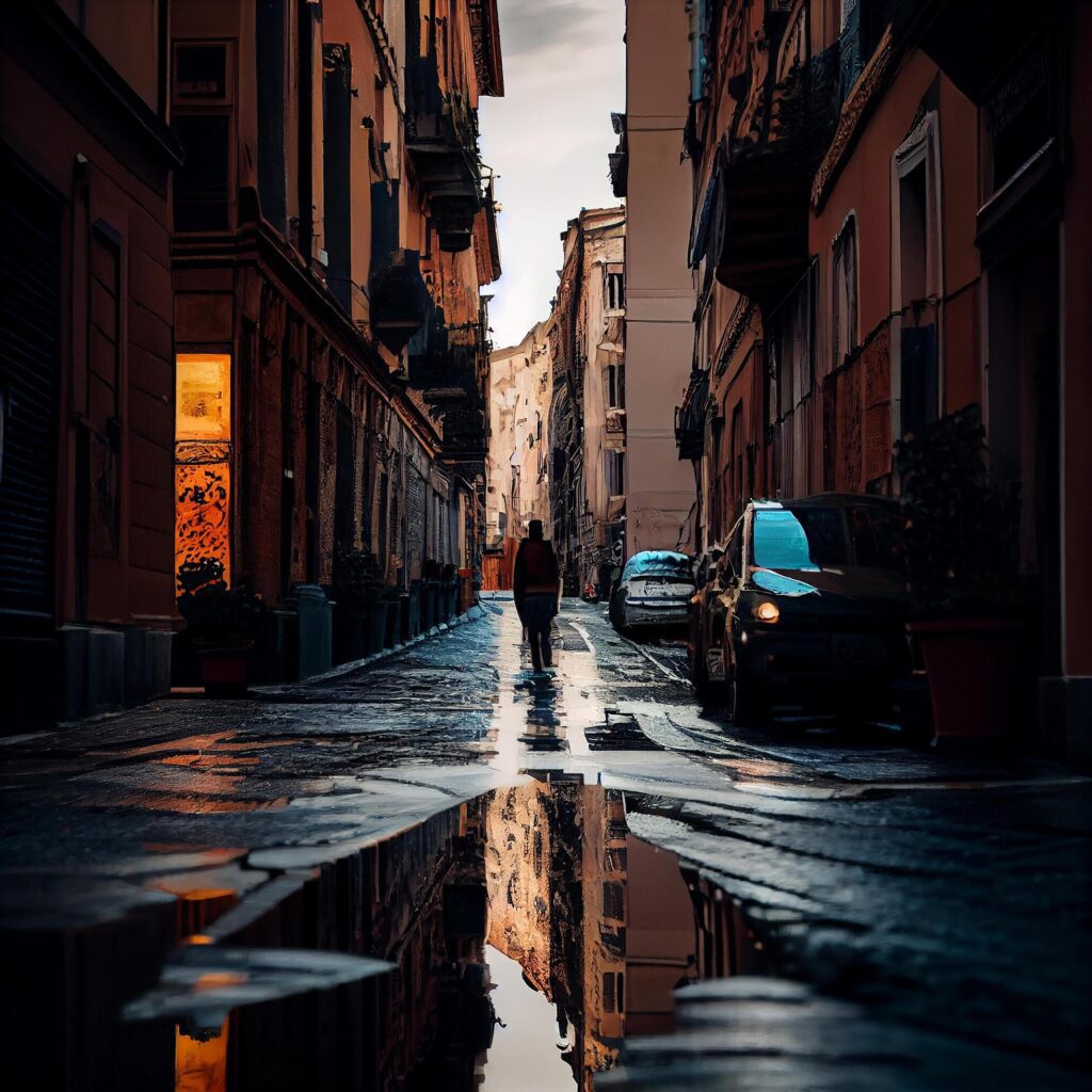 City lights reflect on wet streets at dusk , Stock Free