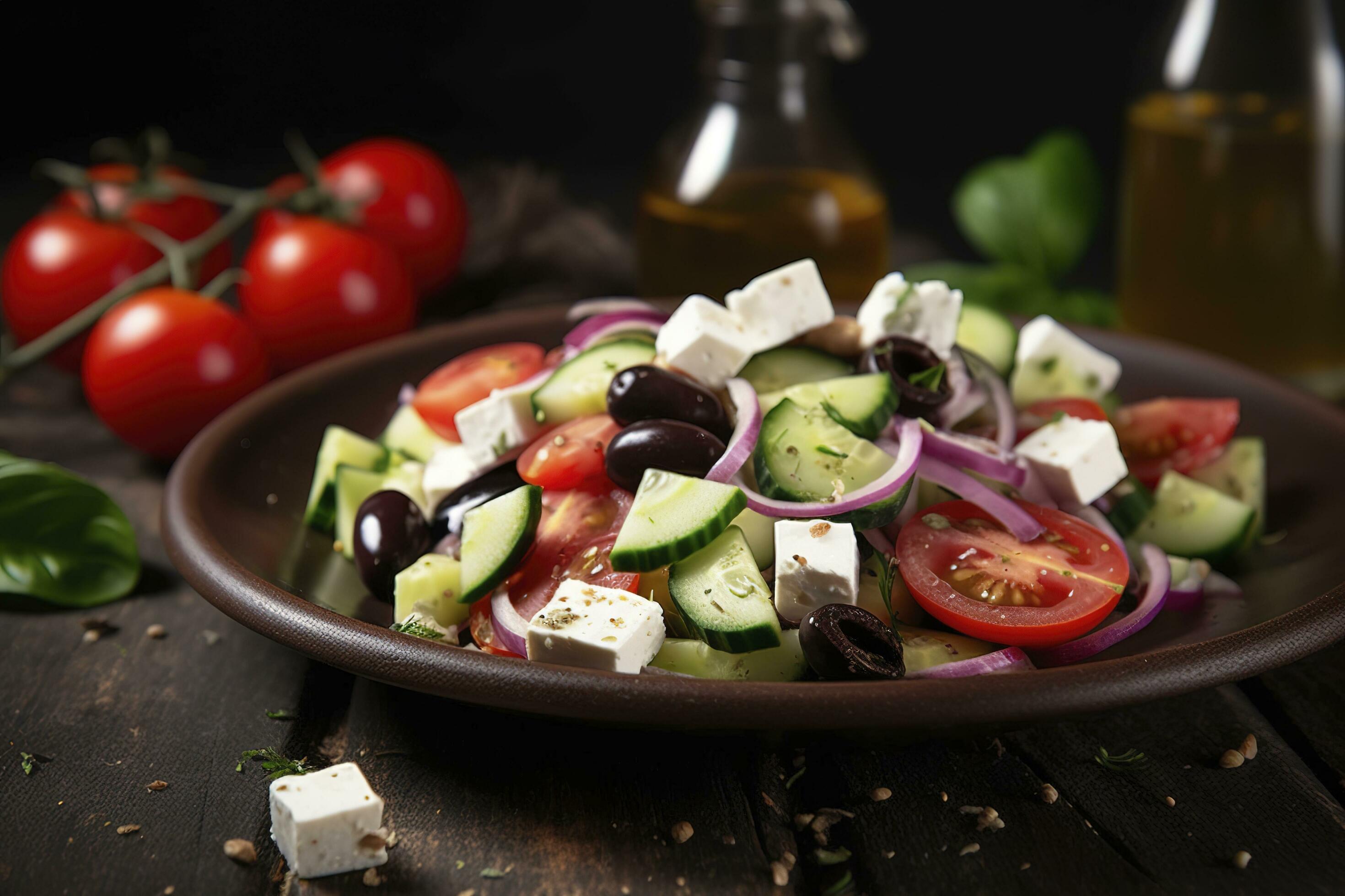 Greek salad with fresh vegetables, feta cheese, kalamata olives, dried oregano, red wine vinegar and olive oil. Healthy food, generate ai Stock Free