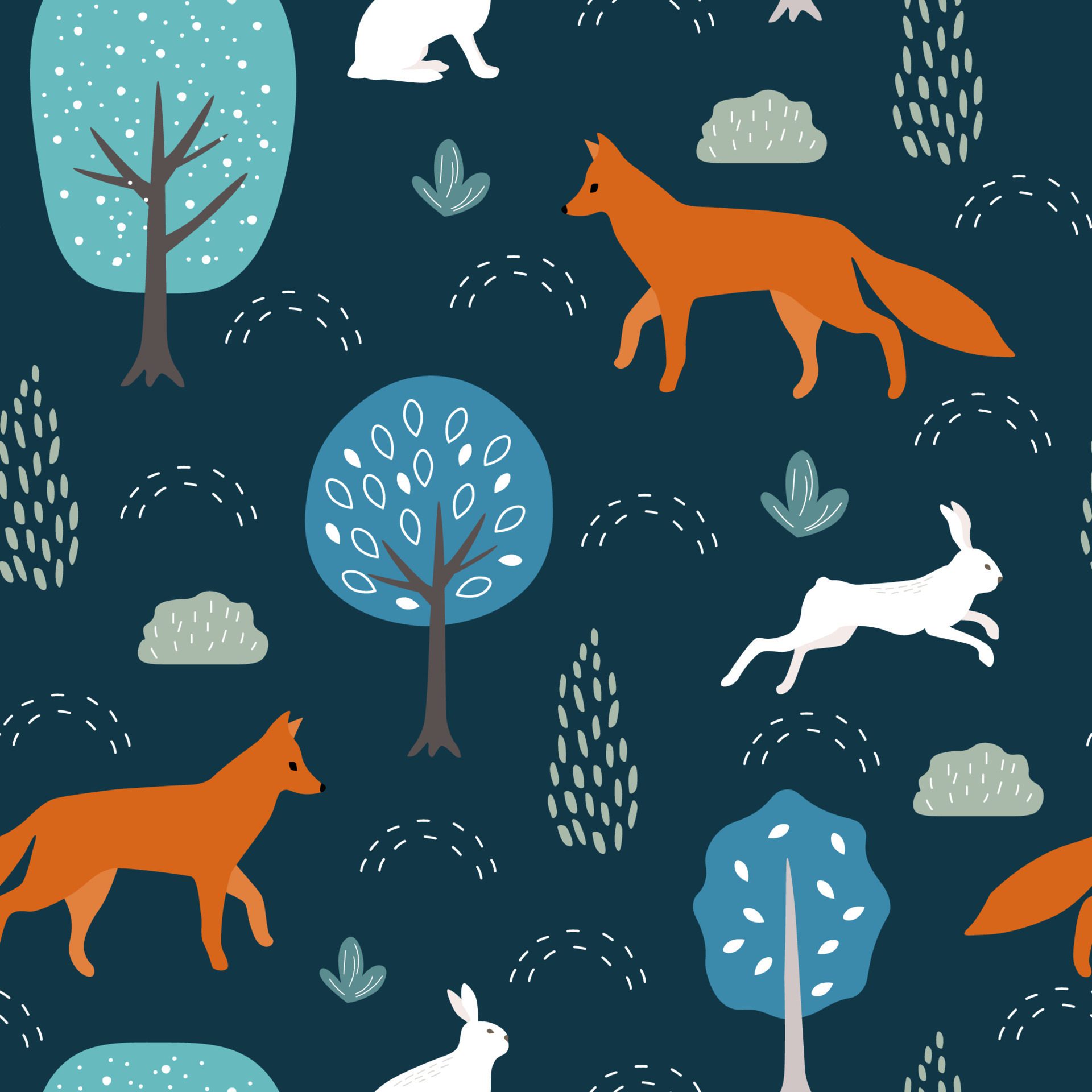 Seamless pattern with a summer forest print. Fox, hares, rabbits among trees, leaves, bushes. Natural Scandinavian print. Vector graphics. Free Vector