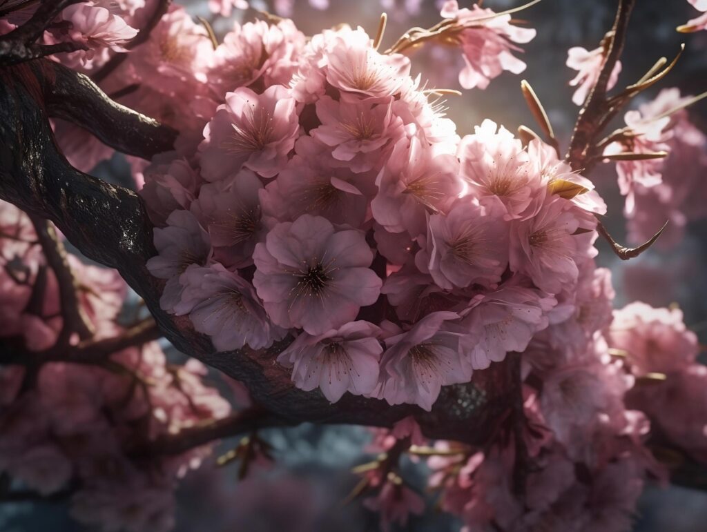 Closeup of spring seasonal cherry blossom flower on bokeh background. Created with technology. Stock Free