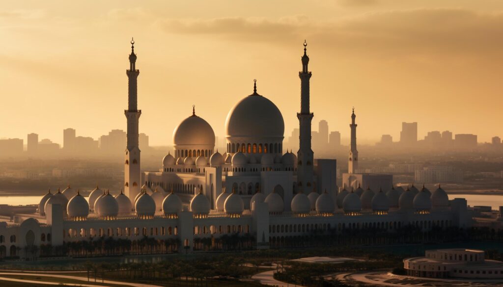 Majestic minaret illuminates famous Blue Mosque at twilight, symbolizing spirituality generated by AI Stock Free