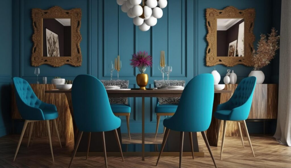 Modern interior of dinning room with blue chairs. Illustration Stock Free