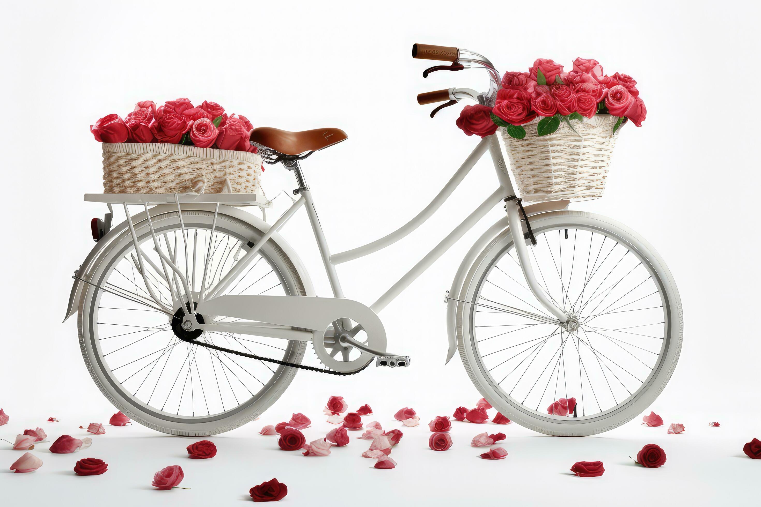 A bicycle with a basket and flowers, a charming scene ai generated Stock Free