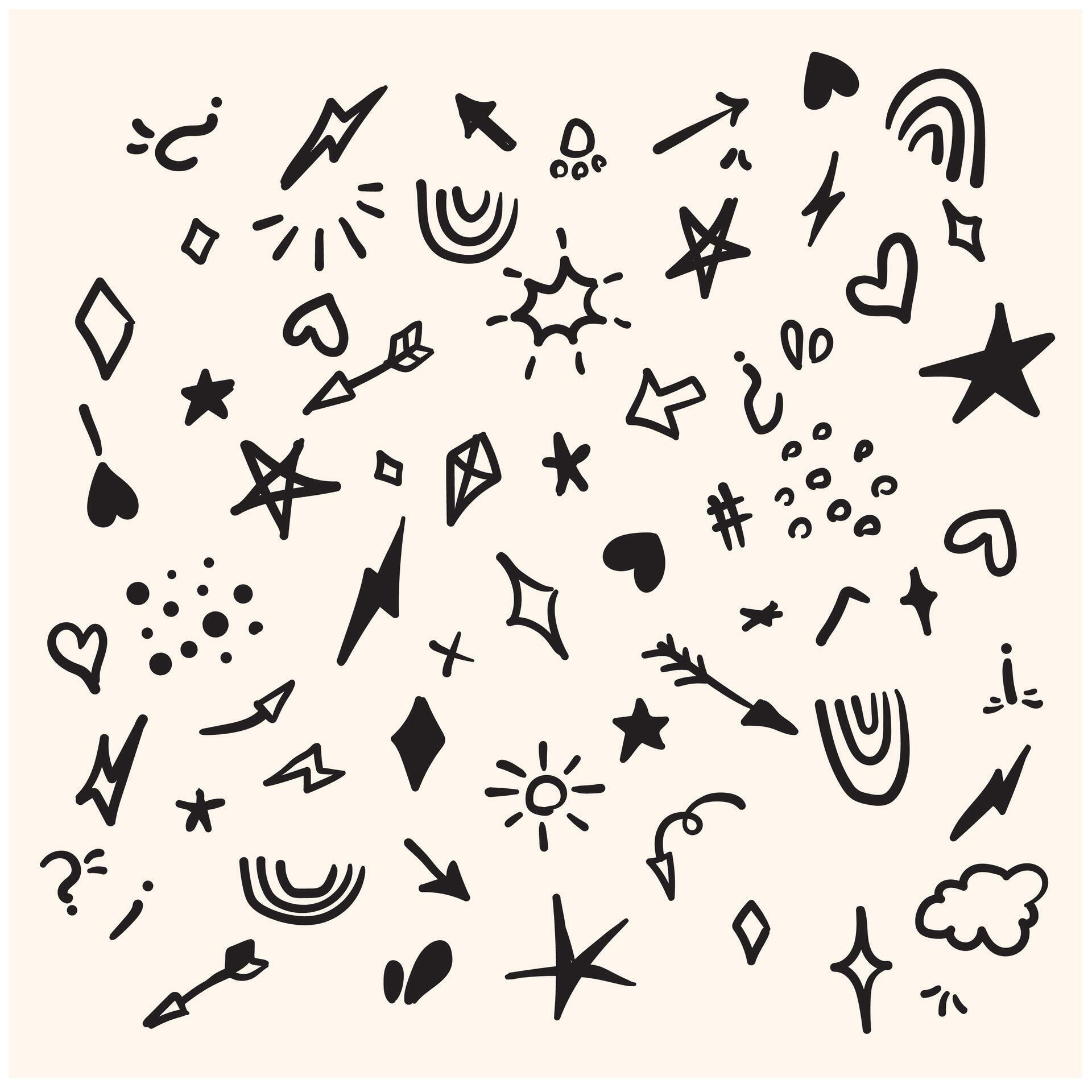 Vector seamless pattern with different stars, sparkles, arrows, hearts, diamonds, signs and symbols with Illustration style doodle and line art Stock Free